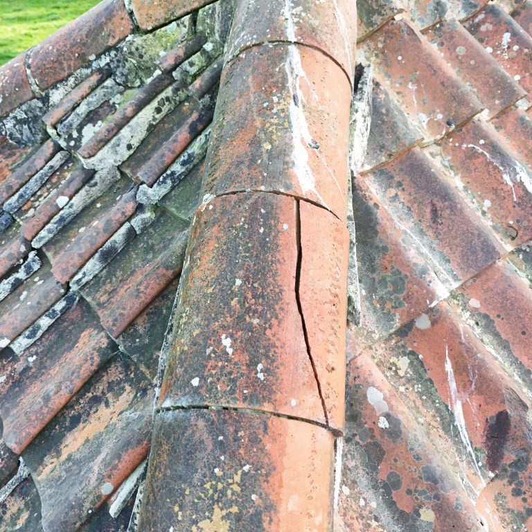 Close-up of a weathered roof ridge with cracked tiles and moss.