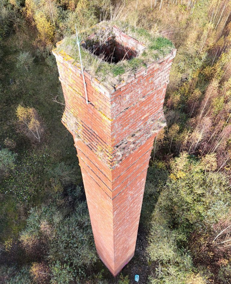 Tall brick chimney with a square top, surrounded by trees and vegetation.